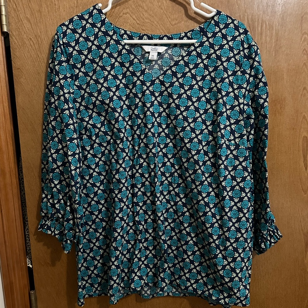 EUC Croft & Barrow Teal/Navy Patterned 3/4 Sleeve Top XXL